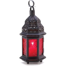 Accent Plus Gifts & Decor Red Glass Metal Moroccan Candle Holder Hanging Lantern