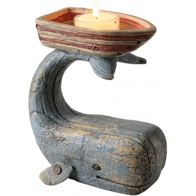 ART & ARTIFACT Whale & Boat Candle Holder for Tea Light Candle Fun Nautical Ocean Decor Distressed Wood Finish 5" w x 6" h x 3" d