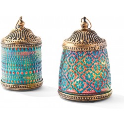 Blue and Pink Lanterns Moroccan Style 2 Pack Small 5 Inch LED Lights Inside Antique Gold Accents Battery Operated Bohemian Home Decor
