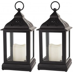 Bright Zeal 2-Pack 9.5" Vintage Decorative Candle Lantern with LED Flickering Flameless Candle Black 8hr Timer Batteries Included Indoor Hanging Lantern LED Decorative Lanterns Battery Powered