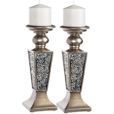 Creative Scents Schonwerk Pillar Candle Holder Set of 2- Crackled Mosaic Design- Home Coffee Table Decor Decorations Centerpiece for Dining  Living Room- Best Wedding Gift Silver