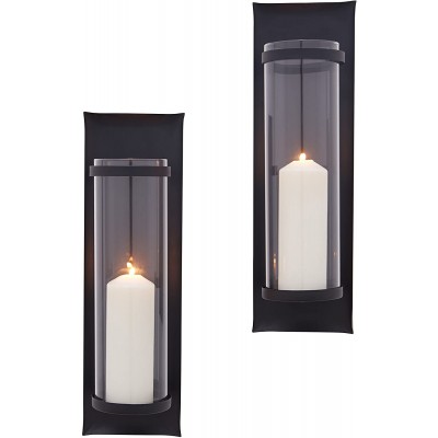 Danya B Metal Pillar Candle Sconces with Glass Inserts A Wrought Iron Rectangle Wall Accent Set of 2 Black