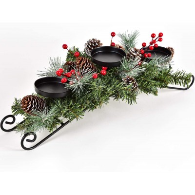 DearHouse Christmas Candle Holder Centerpiece,Pine Cones and Red Berry Table Centerpiece with 3 Candle Holders Table Accent Centerpiece for Festival Home Decoration 20"x10"x6.1"L x W x H