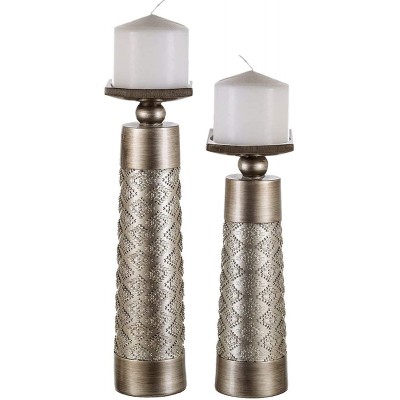 Dublin Decorative Candle Holder Set of 2 Home Decor Pillar Candle Stand Coffee Table Mantle Decor centerpieces for Fireplace Living or Dining Room Table Gift Boxed Brushed Silver