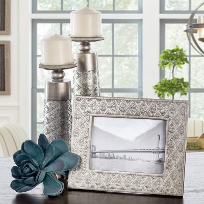 Dublin Set of 2 Candle Holders and Matching 5 X 7 Picture Frame Home Decor Centerpiece for Fireplace Desktop Living or Dining Room Table Coffee Table Mantle Decor Gray Silver