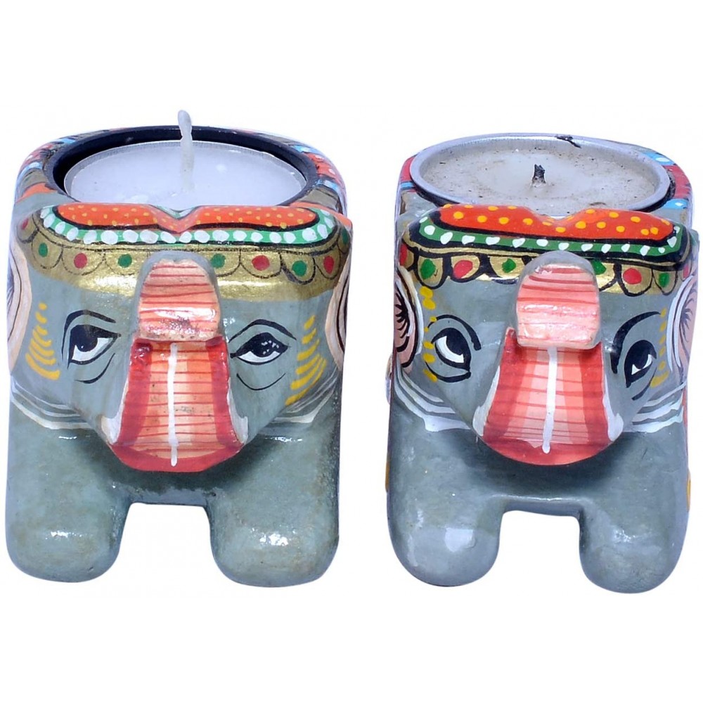 Eurasia Set of Two Elephant Table Top Decorative Wooden Candle Tea Light Sitting Elephant Home Decor Accents for Home Living Room & Office