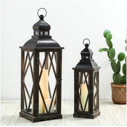 glitzhome 2 Pack Farmhouse Wood Metal Decorative Candle Lanterns Vintage Hanging Lantern for Patio Tabletop Black No Glass