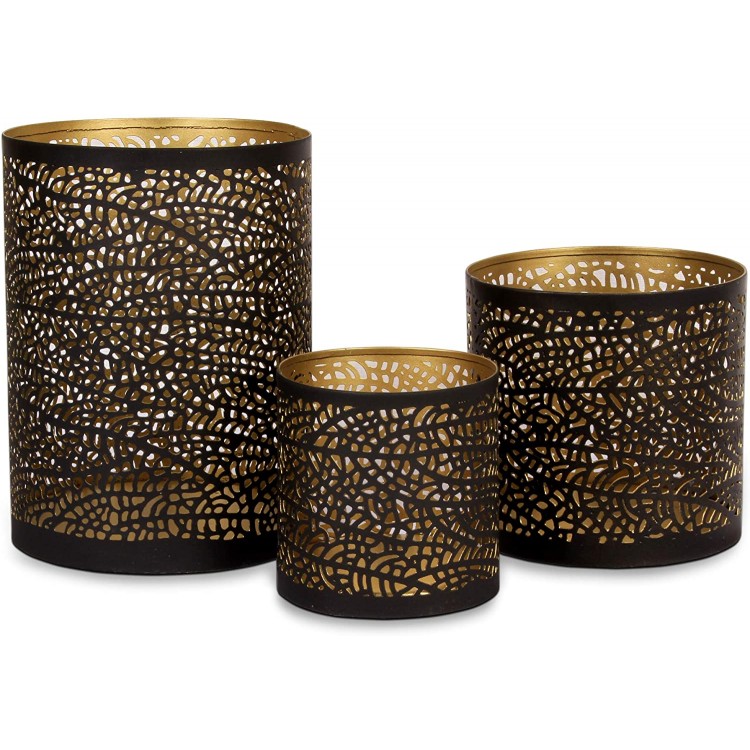 Lazy Gifts Set of 3 Gloss Black and Gold Metal Decorative Hurricane Votive Candle Holders . Elegant Lantern Style Centerpiece Accents for Weddings Functions and Home décor Room