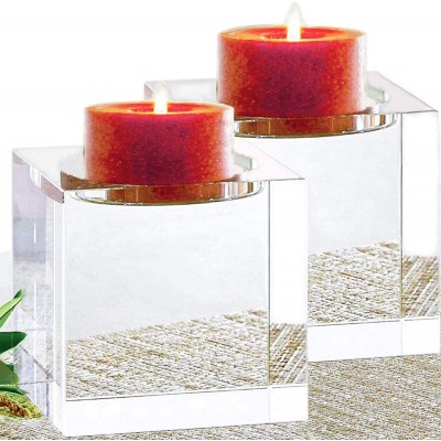 Le Sens Amazing Home Huge Crystal Pillar Candle Holders 4" 4" 4" Set of 2,Decorative Home Decor LED Big Candles Stand,Prepackaged Elegant Heavy Solid Square Large Centerpiece for Home Decoration