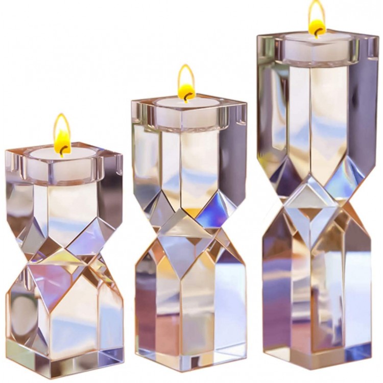 Le Sens Amazing Home Large Crystal Candle Holders Set of 3 4.6 6.2 7.7 inches Height Elegant Heavy Solid Square Diamond Cut Tealight Holders Sets Centerpiece for Home Decor Wedding