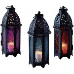 Lights4fun Inc. Trio of Black Metal Moroccan Indoor Battery Operated LED Flameless Candle Lanterns with Colored Glass