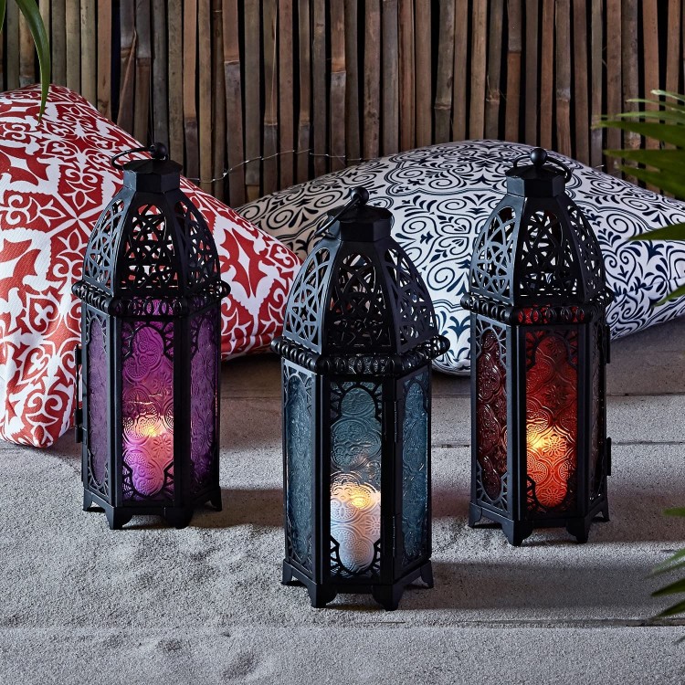 Lights4fun Inc. Trio of Black Metal Moroccan Indoor Battery Operated LED Flameless Candle Lanterns with Colored Glass