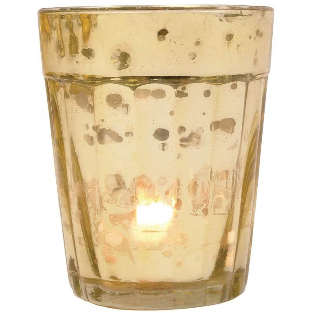 Luna Bazaar Vintage Mercury Glass Vase and Candle Holder for Tea Lights or Votive Candles 3.25-Inch Katelyn Design Column Motif Gold Single Wedding Centerpiece Party and Home Decor