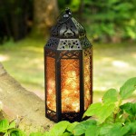 Moroccan Lantern with Fairy Lights 11 Inch Tall Amber Glass Black Metal Frame 20 LED Lights Ramadan Home Decor or Wedding Table Centerpiece Timer and Batteries Included
