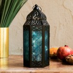 Moroccan Lantern with Fairy Lights 11 Inch Tall Blue Colored Glass Black Metal Frame 20 LED Lights Ramadan or Wedding Table Centerpiece Timer and Batteries Included