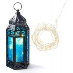 Moroccan Lantern with Fairy Lights 11 Inch Tall Blue Colored Glass Black Metal Frame 20 LED Lights Ramadan or Wedding Table Centerpiece Timer and Batteries Included