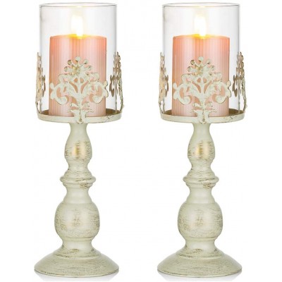 Nuptio Pcs of 2 Vintage Metal Pillar Candle Holder Antique Hurricane Candlestick with Glass Screen Cover Accent Display for Home Wedding Candlelight Dinner Decoration L+L