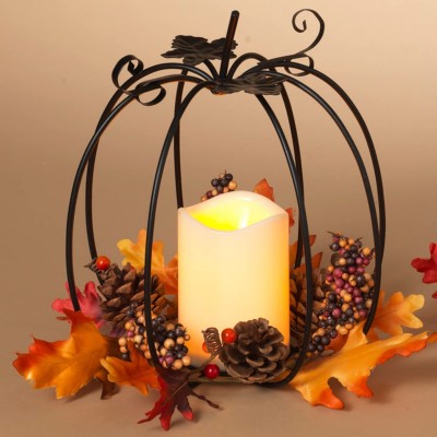 One Holiday Way 12-Inch Metal Pumpkin Votive Holder with LED Candle and Fall Leaves Decorative Rustic Farmhouse Dining Table Centerpiece Thanksgiving Halloween Harvest Autumn Wedding Home Decor