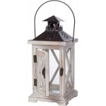 Orchid & Ivy 11-Inch Decorative Rustic Distressed White Wash Wood Lantern with Iron Top – Tabletop or Hanging Farmhouse Wooden LED Candle Holder for Mantel Porch Patio Outdoor Indoor Home Decor