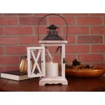 Orchid & Ivy 11-Inch Decorative Rustic Distressed White Wash Wood Lantern with Iron Top – Tabletop or Hanging Farmhouse Wooden LED Candle Holder for Mantel Porch Patio Outdoor Indoor Home Decor
