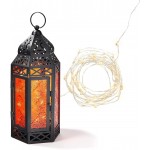 Red Moroccan Lantern with Lights 11 Inch Tall LED Fairy Lights Batteries & Timer Included Black Metal with Colored Glass Decorative Ramadan Centerpiece