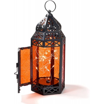 Red Moroccan Lantern with Lights 11 Inch Tall LED Fairy Lights Batteries & Timer Included Black Metal with Colored Glass Decorative Ramadan Centerpiece