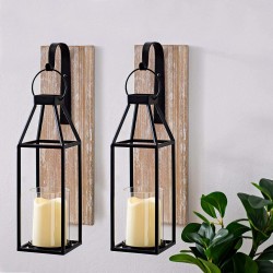 Set of 2 Rustic Wood and Metal Hanging Lantern Sconce Glass Candle Holders Outdoor Indoor Hanging Wooden Metal Candle Lanterns Wall Home Decor 2