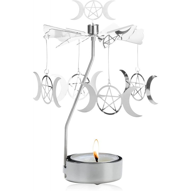 Spinning Tea Light Candle Holder Silver Triple Moon Goddess Metal Rotating Witch Altar Decor Pagan Lunar Phase Rotary Tealight Display Wiccan Accessories for Meditation Room Sacred Space Home