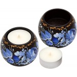 Tealight Candle Holder Set of 2 Hand Painted Floral Design Home Décor Accent Gift for Table Fireplace Living Room Office or Ethnic Restaurant Scented Candle Included Monochrome Blue