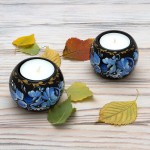 Tealight Candle Holder Set of 2 Hand Painted Floral Design Home Décor Accent Gift for Table Fireplace Living Room Office or Ethnic Restaurant Scented Candle Included Monochrome Blue
