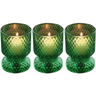 Tealight Candle Holder Set of 3 for Table Centerpieces Candlestick Holder for Wedding Dinning Party Glass Votives Taper Candle Holders Set for Accent Home Decoration 2.4 x 3.1 inches Green