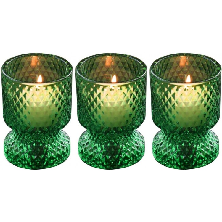 Tealight Candle Holder Set of 3 for Table Centerpieces Candlestick Holder for Wedding Dinning Party Glass Votives Taper Candle Holders Set for Accent Home Decoration 2.4 x 3.1 inches Green