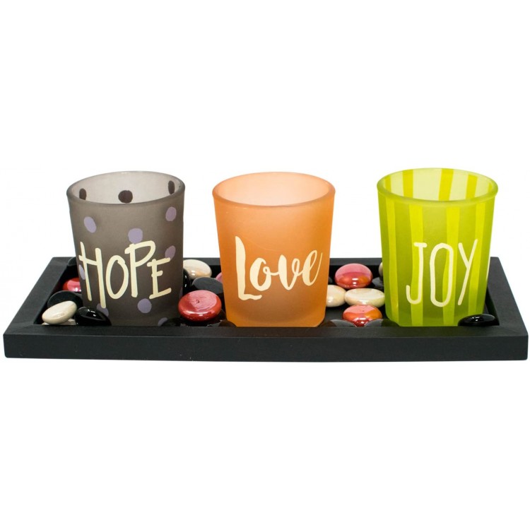 Tealight Decorative Candle Holders by Exultimate Hope Love Joy Design Candle Tray Set with Mahogany Colored Tray and Colored Beads Included a Sophisticated Accent for Any Decor Candle Holder