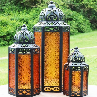 Vela Lanterns Outdoor Moroccan Candle Lantern Decorative Set of 3 for Home Decor Amber