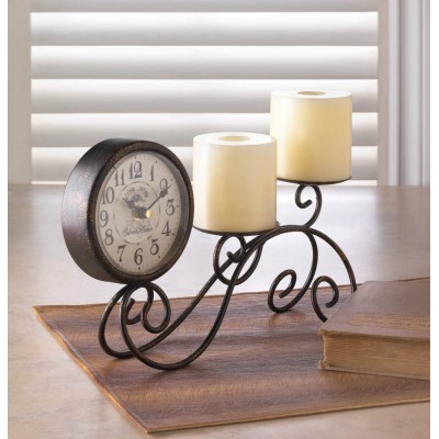 wakatobi Iron Scrollwork Table Clock & Candleholder Unique Living Room Den Decor Accent