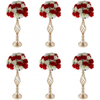 Wocadle Gold Candelabra Candle Holder Vase for Wedding Flowers Centerpiece 18.7in 47.5cm Tall Elegant Metal Flower Arrangement Stand 6Pcs Tabletop Vase for Party Dinner Event Hotel Home Decor