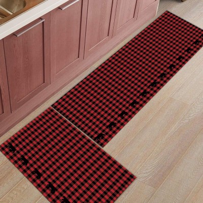 Libaoge Kitchen Rugs and Mats Set of 2 Buffalo Check Plaid Bear Black and Red Doormat with Non Skid Rubber Backing Floor Mat Accent Area Runner Indoor Entrance Carpet 19.7"x31.5"+19.7"x47.2"