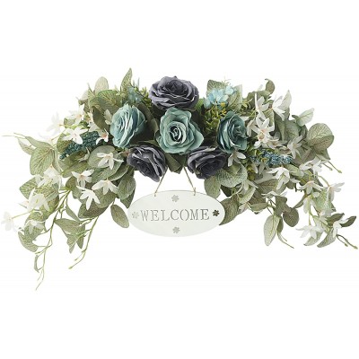 Firlar 30Inch Artificial Rose Flower Swag Welcome Card Fake Rose Oncidium Lintel Wedding Arch Silk Floral Garland with Eucalyptus Leaves Hanging Wreath for Party Front Door Wall Home Decor Blue