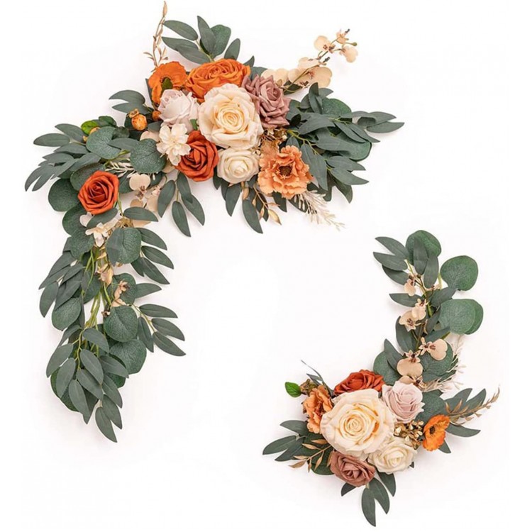 HANTURE 2Pcs Wedding Arch Flowers Kit Artificial Orange Rose Flower Swag with Eucalyptus Leaves 19.7Inch Decorative Floral Swag Wreath for Wedding Ceremony Party Home Decor