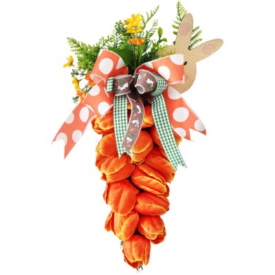 MEUMITY Artificial Tulip Teardrop Swag Hanging Orange Easter Teardrop Floral Swag with Bunny Sign and Ribbon Bow Spring Teardrop Wreath for Front Door Home Decor