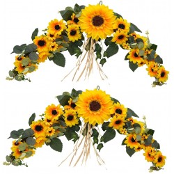 MINYULUA 2Pcs Artificial Sunflower Swags 23.6" Rustic Silk Front Door Swag Handmade Decorative Floral Swag with Greenery Leaves for Wedding Arch Table Home Office Party Backdrop Decor