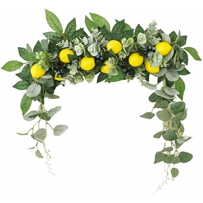 Okngr 18.11 Inch Artificial Lemon Swag Greenery Swag with Yellow Lemons Blueberry and Green Leaves Faux Greenery Garland Vines Hanging Decorative Floral Swag for Front Door Wall Home Decor