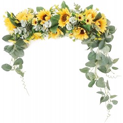 RTWAY Artificial Sunflower Swag Decorative Flower Swag with Green Leaves Wedding Arch Decor Fake Floral Wreath Sunflower Swag Garland for Home Front Door Wall Decor