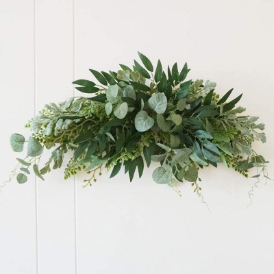 SYLOTS 27.5 Floral Swag Large Artificial Mixed Eucalyptus Leaves Swag Handmade Front Door Twigs Leaves Greenery Decorative Swag for Wedding Arch Party Wall Home Garden Decor