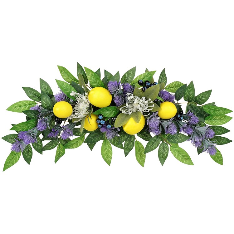 XKMY 23.6 Inch Artificial Lemon Swag Decorative Fruit Swag with Lavender Yellow Lemon & Green Leaves Spring Summer Floral Swag Door Swag for Front Door Wall Window Wedding Home Decor