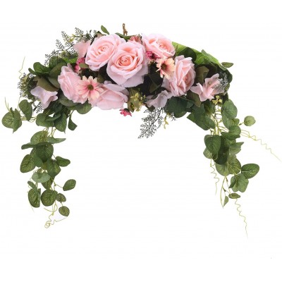 Yugust Decorative Floral Swag,23.6in Artificial Rose Wreath with Green Leaves Twig Rattan Front Door Peony Floral Arch Garland Swag for Wedding Party Home Decor,Pink