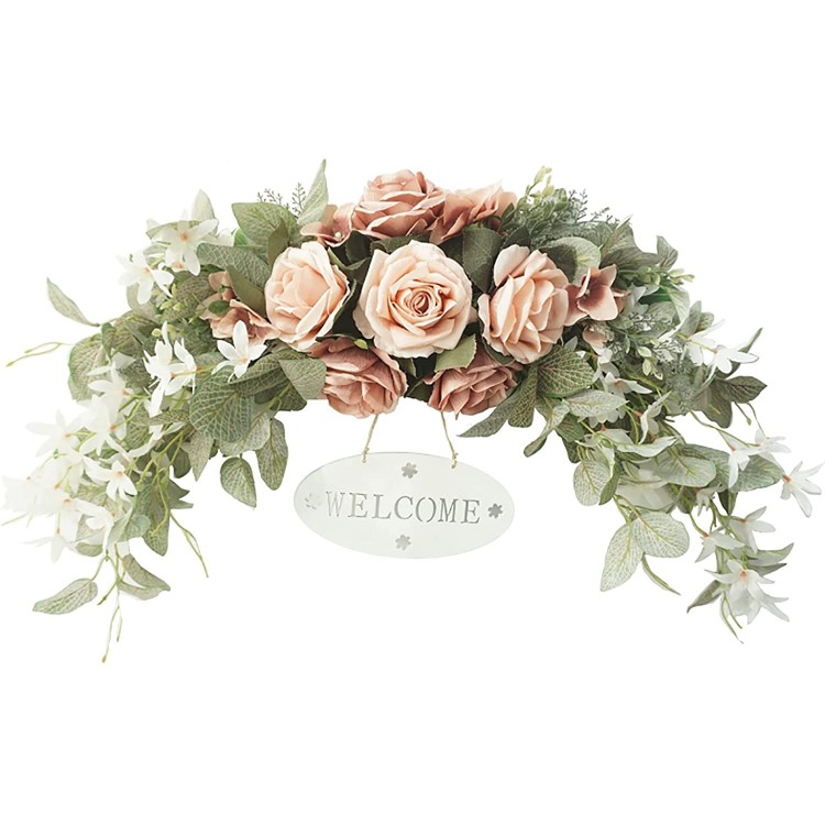 Yumfoz Artificial Rose Flower Swag 30 Inch Decorative Peony Floral Swag with Eucalyptus Leaves and Welcome Sign Wedding Arch Flowers Wreath Handmade Silk Greenery Swag for Door Wall Home Decor