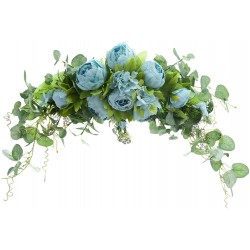 ZYLLZY Artificial Wedding Peony Flower Swag,24Inch Spring Summer Arch Floral Swag with Green Leaves,Blue Rustic Peony Lintel Wreath for Front Door Home Garden Decor
