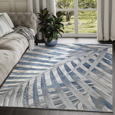 7'9"x10'2" Blue Grey & Beige Floral Palm Leaf Pattern Area Rug by Abani Rugs Nova Collection Modern Eclectic Style Accent Rug