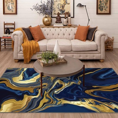 Area Runner Rug Non-Slip Throw Rugs Luxury Wallpaper Blue Marble and Gold Abstract Background Texture Carpet Playmat Yoga Indoor Floor Carpet Patio Door Mat for Living Room Home Decor